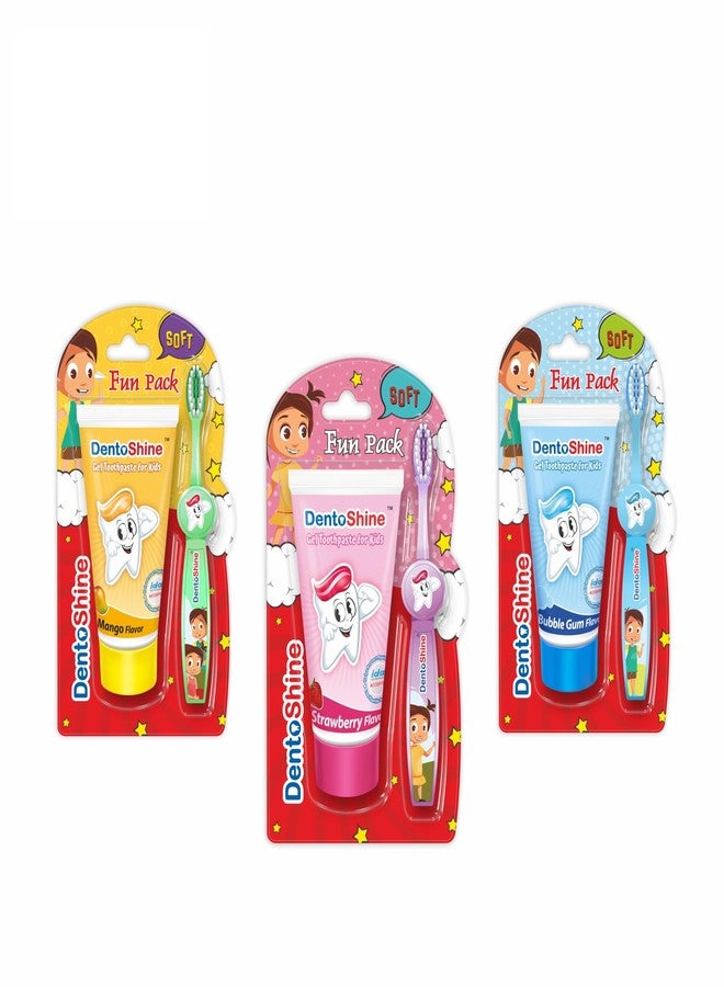 DentoShine Gel Toothpaste for Kids | Pack of 3 Flavors (Strawberry, Mango & Bubblegum (fun pack), 80g each) | IDA Accepted | Ages 2+ - Image 1