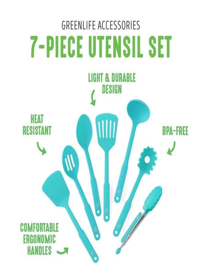 GreenLife Cooking Tools and Utensils, 7 Piece Nylon Set including Spatulas Turner Spoons and Tongs, Dishwasher Safe, Caribbean Blue - Image 2