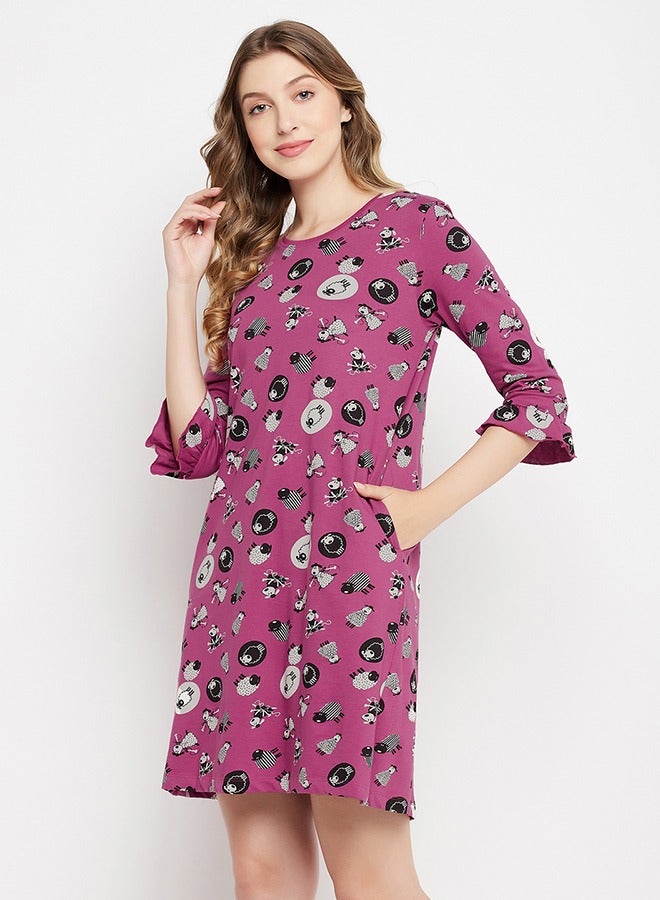 Clovia Sheep Print Long Sleep Tee in Mauve - 100% Cotton - Image 4