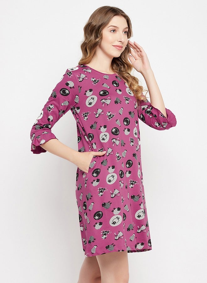 Clovia Sheep Print Long Sleep Tee in Mauve - 100% Cotton - Image 5