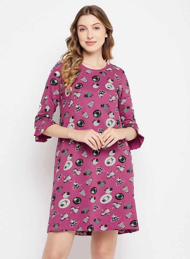 Clovia Sheep Print Long Sleep Tee in Mauve - 100% Cotton - Image 3
