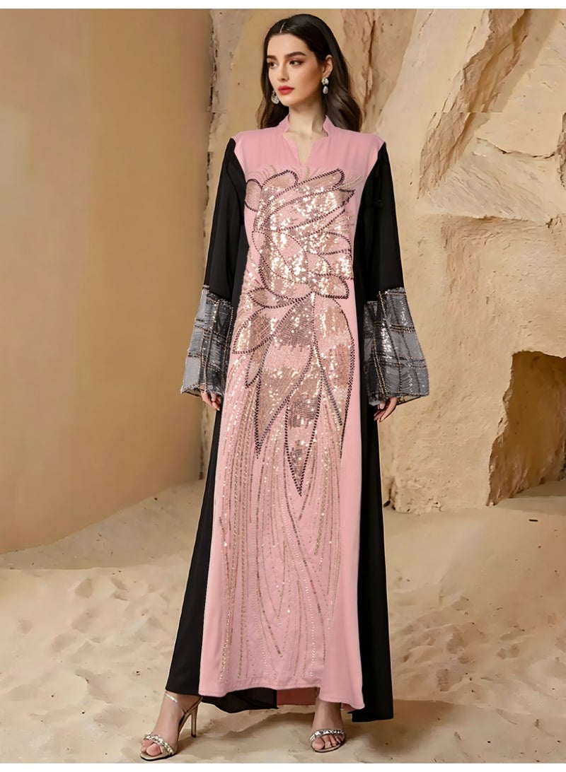 Kaiyuede Dubai Pink & Black Contrast Gold Sequin Embroidered Abaya | Mandarin Collar V-Neck Opaque Lined Modest Dress for Wedding & Eid - Image 1