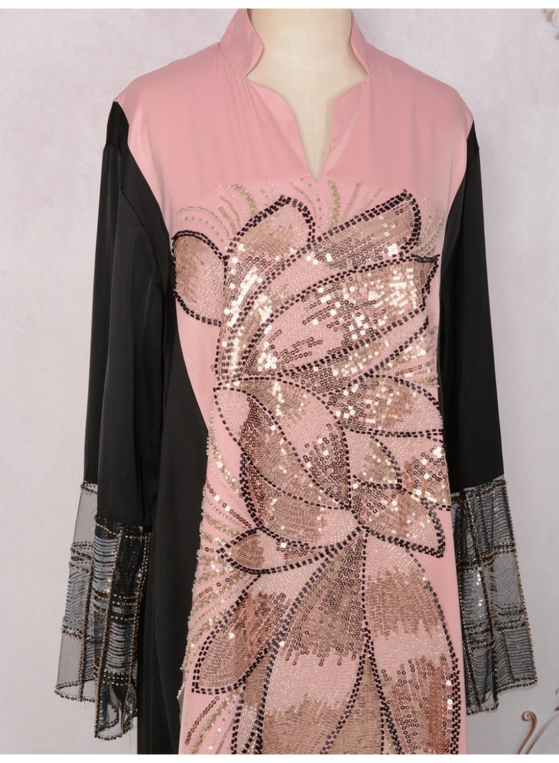 Kaiyuede Dubai Pink & Black Contrast Gold Sequin Embroidered Abaya | Mandarin Collar V-Neck Opaque Lined Modest Dress for Wedding & Eid - Image 2