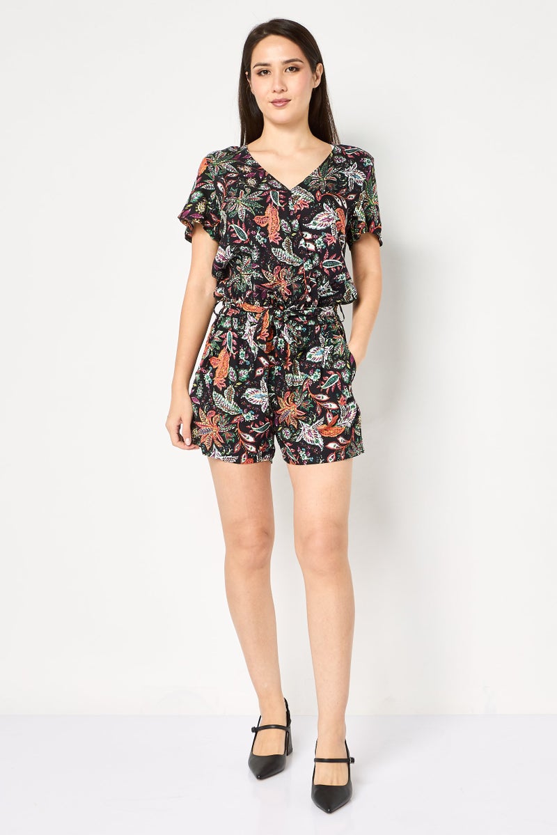 promod Women Floral Print Short Sleeve Playsuit, Multicolor - Image 3