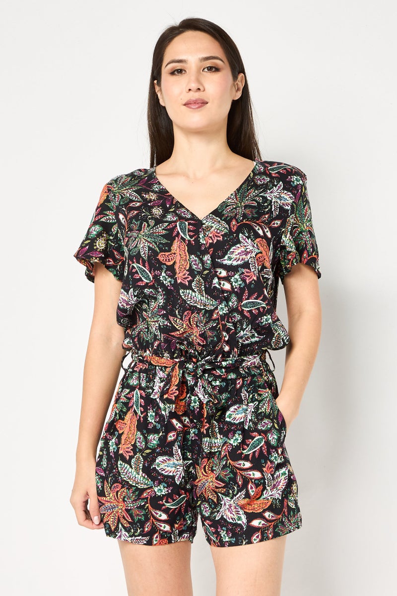 promod Women Floral Print Short Sleeve Playsuit, Multicolor - Image 1