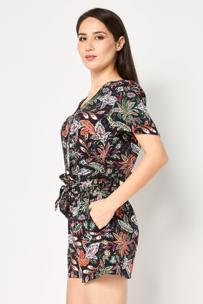 promod Women Floral Print Short Sleeve Playsuit, Multicolor - Image 2