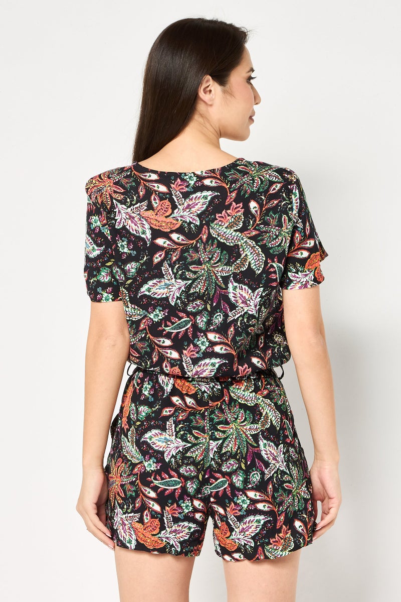 promod Women Floral Print Short Sleeve Playsuit, Multicolor - Image 4