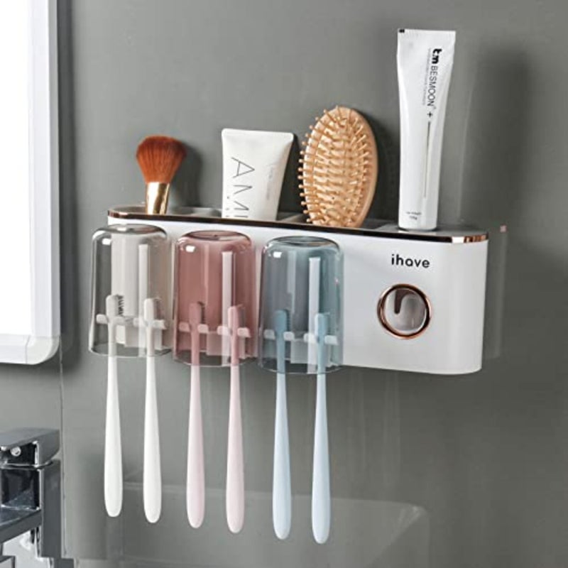 Toothbrush Holders Bathroom Accessories with Toothpaste Dispenser, 3 Cups Toothbrush Holder Wall Mounted Bathroom Decor - Image 1