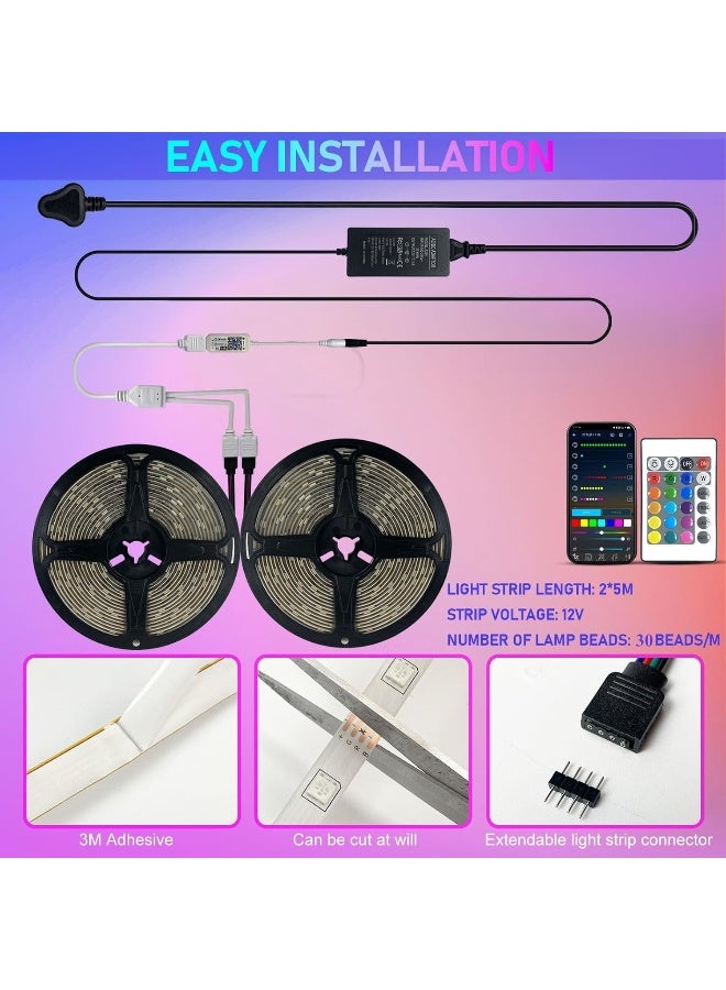 SKY-TOUCH 2 قطع 5م ضوء شريط LED بلوتوث ذكي RGB 10م تحكم عن بعد إضاءة ملونة لتزيين المنزل  - Image 3