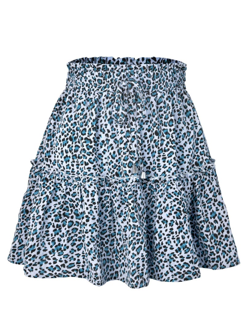 Loquat Women's Summer Cute High Waist Ruffle Skirt Leopard Print Swing Beach Mini Skirt  Blue 