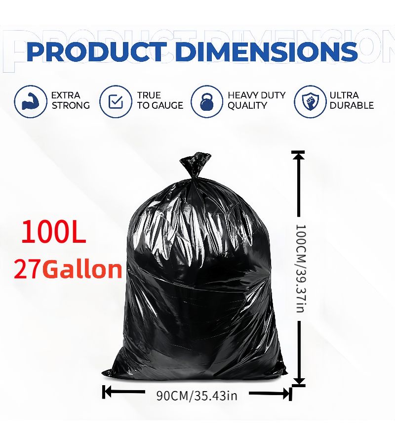 5 Extra Large Flat Bottom Trash Bags 35.43 x 39.37 Inch Heavy Duty Black - Image 4