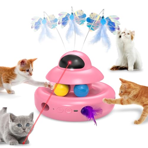 MOHAYA Automatic Cat Toys4in1 InteractiveCat Toys for Bored Indoor Adult Cats Electric Flying ButterflyRechargeable Moving Ambush FeatherPink Kitter Toy Track Balls - Image 1