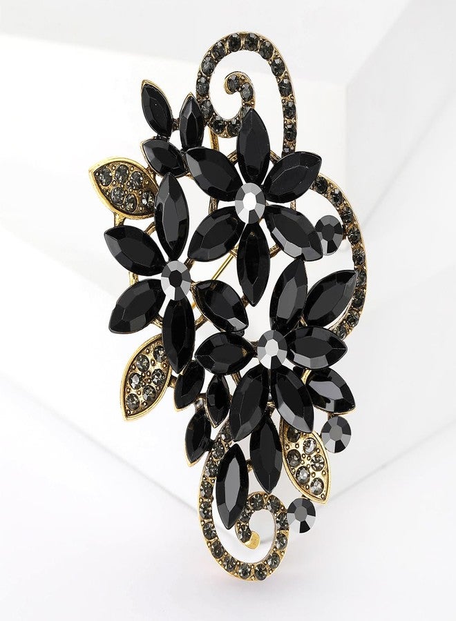 YOQUCOL Vintage Blck Austrian Crystal Rhinestone Flower Shape Brooch Pin For Women - Image 4