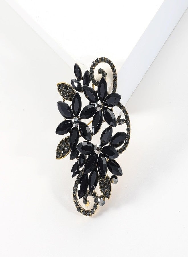 YOQUCOL Vintage Blck Austrian Crystal Rhinestone Flower Shape Brooch Pin For Women - Image 5