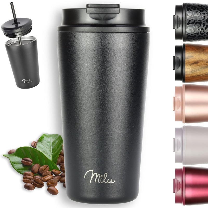 Milu Thermal Mug 500 ml - 100% Leak-Proof - Stainless Steel Coffee Mug to Go Insulated with Straw Keeps 10 Hours Hot / 20 Hours Cold, BPA-Free (Black, 500 ml) - Image 1