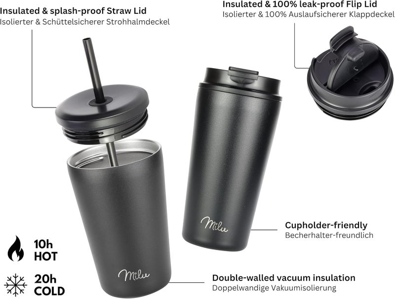 Milu Thermal Mug 500 ml - 100% Leak-Proof - Stainless Steel Coffee Mug to Go Insulated with Straw Keeps 10 Hours Hot / 20 Hours Cold, BPA-Free (Black, 500 ml) - Image 4