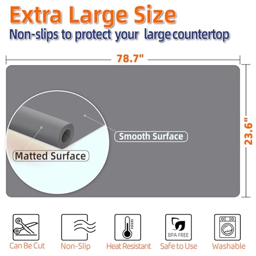 Warome Silicone Mat,78.7”x 23.6” Heat Resistant Mats for Countertop,Extra Large Countertop Protector Mat, Multi-functional Cuttable Kitchen Counter Mat, Silicone Mats for Kitchen Counter/Crafts- Grey - Image 3