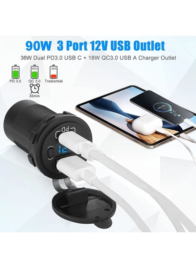 Dual Pack Car Charger With Wire Panel Fuse Green Light Fast Charging USB Type C QC3 0 18W PD3 0 36W LED Display Voltmeter 12V 24V Adapter - Image 5