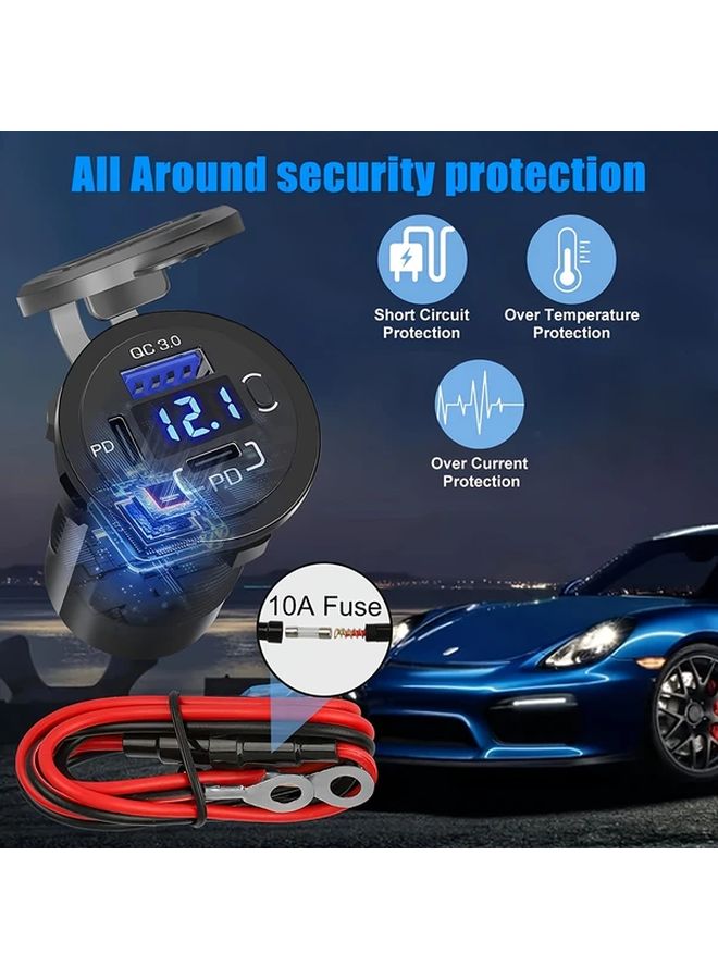 Dual Pack Car Charger With Wire Panel Fuse Green Light Fast Charging USB Type C QC3 0 18W PD3 0 36W LED Display Voltmeter 12V 24V Adapter - Image 4