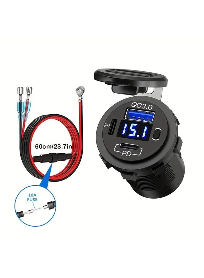 Dual Pack Car Charger With Wire Panel Fuse Green Light Fast Charging USB Type C QC3 0 18W PD3 0 36W LED Display Voltmeter 12V 24V Adapter - Image 2