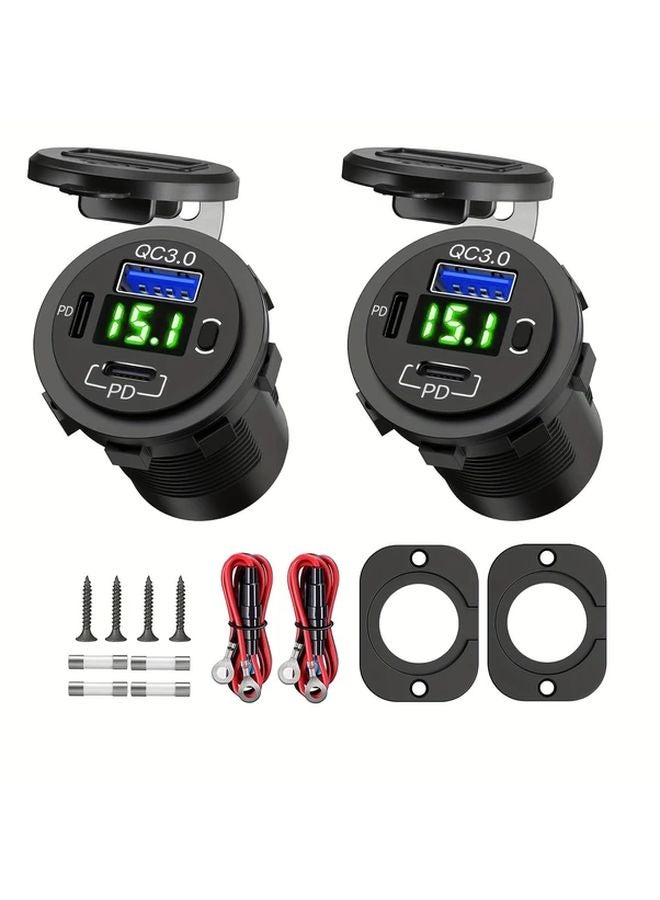 Dual Pack Car Charger With Wire Panel Fuse Green Light Fast Charging USB Type C QC3 0 18W PD3 0 36W LED Display Voltmeter 12V 24V Adapter - Image 1