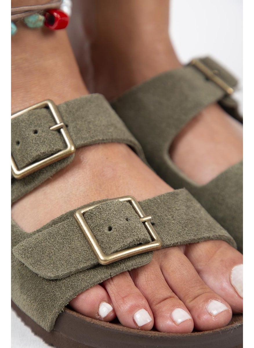 Manijero Anlelic Women's Genuine Leather Double Buckled Khaki Slippers  - Image 3