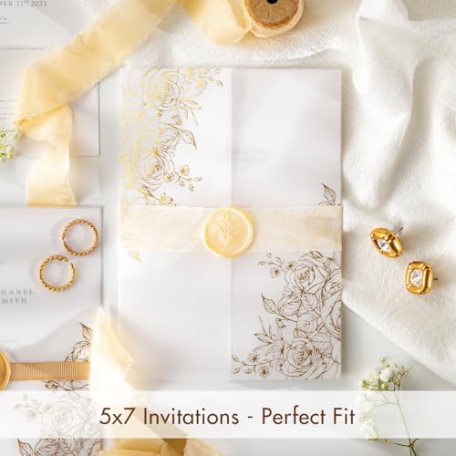 AZAZA 50 Pack Pre-Folded Vellum Jackets for 5x7 Invitations,AZAZA Gorgeous Translucent Invitation Sleeves,115GSM Vellum Jackets 5x7, Wedding Invitation Accessories,for Weddings Birthdays,Golden Roses - Image 4