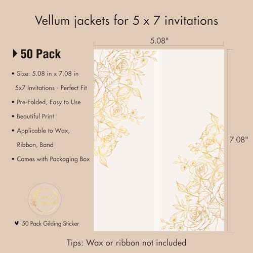 AZAZA 50 Pack Pre-Folded Vellum Jackets for 5x7 Invitations,AZAZA Gorgeous Translucent Invitation Sleeves,115GSM Vellum Jackets 5x7, Wedding Invitation Accessories,for Weddings Birthdays,Golden Roses - Image 2