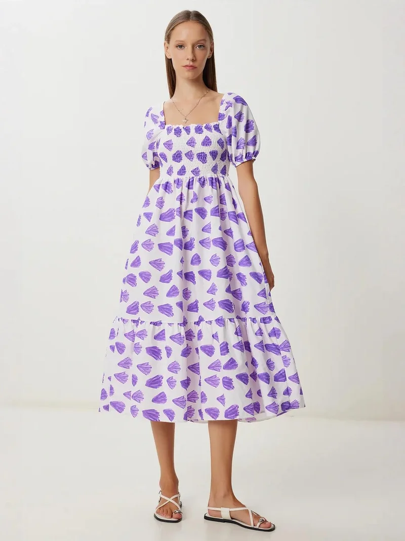 السعادة في إسطنبول ISTANBUL Frilly Abstract Print A-Line Midi Dress with Square Collar