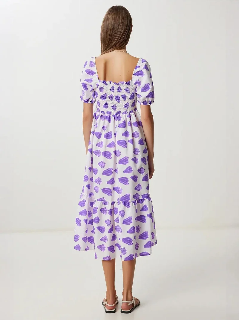 السعادة في إسطنبول ISTANBUL Frilly Abstract Print A-Line Midi Dress with Square Collar