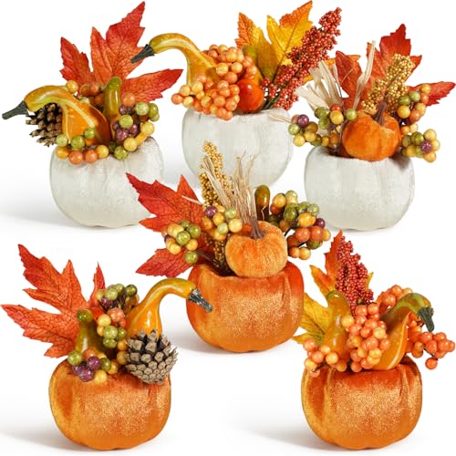 Artmag Set of 6 Artificial Pumpkins Decorations Decorative Fabric Orange Pumpkin with Maple Berry Acorn Pine Cone Vegetables for Fall Thanksgiving Harvest Party Home Tabletop - Image 1