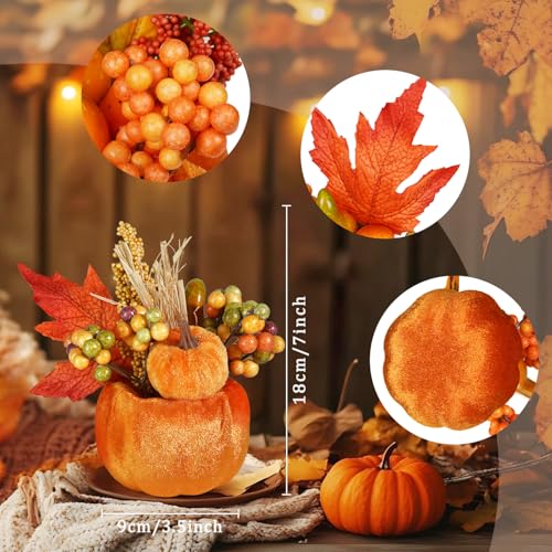 Artmag Set of 6 Artificial Pumpkins Decorations Decorative Fabric Orange Pumpkin with Maple Berry Acorn Pine Cone Vegetables for Fall Thanksgiving Harvest Party Home Tabletop - Image 3