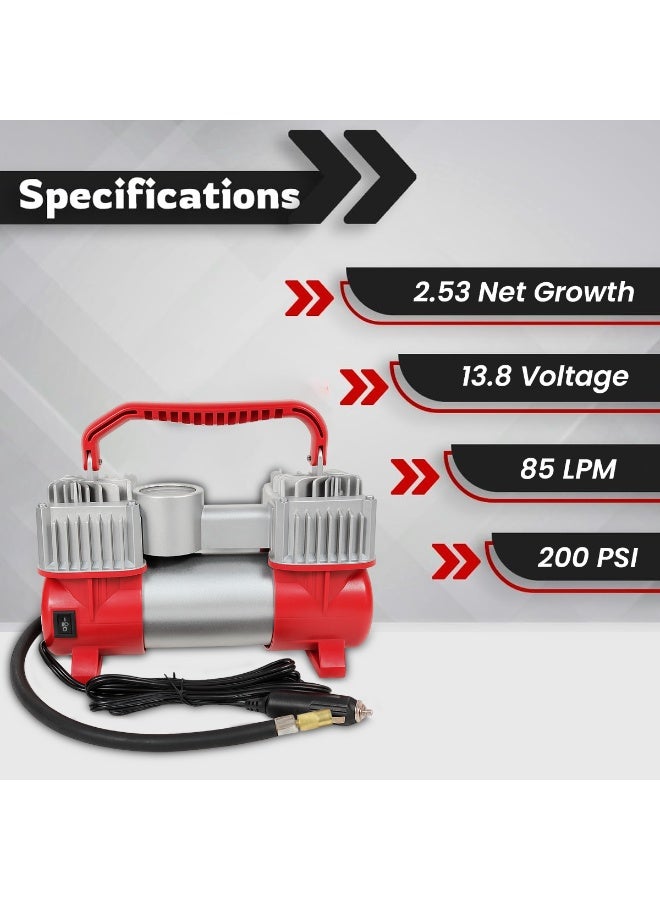 سفاري ضاغط هواء سفاري SF-26079 ثنائي الأسطوانات مع ضوء LED - مضخة نفخ إطارات ثنائية الأسطوانات عالية التحمل 200 رطل لكل بوصة مربعة، 85 لترًا في الدقيقة، 12 فولت تيار مستمر مع خرطوم 5 أمتار، مشبك بطارية وقابس ولاعة سجائر للسيارة، محولات متعددة الفوهات للسيارات وسيارات الدفع الرباعي والدراجات النارية والرياضات والألعاب القابلة للنفخ - Image 3