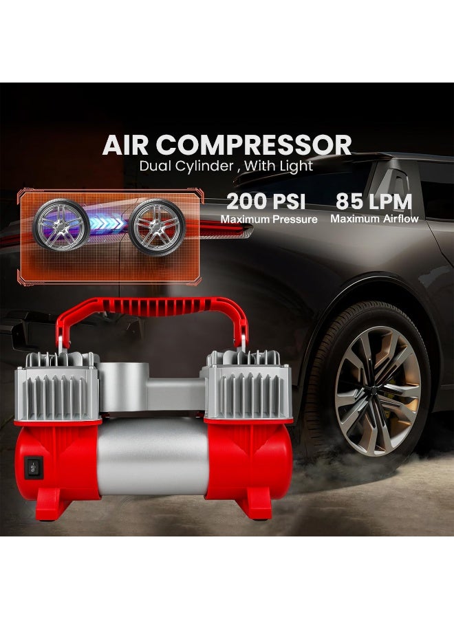 سفاري ضاغط هواء سفاري SF-26079 ثنائي الأسطوانات مع ضوء LED - مضخة نفخ إطارات ثنائية الأسطوانات عالية التحمل 200 رطل لكل بوصة مربعة، 85 لترًا في الدقيقة، 12 فولت تيار مستمر مع خرطوم 5 أمتار، مشبك بطارية وقابس ولاعة سجائر للسيارة، محولات متعددة الفوهات للسيارات وسيارات الدفع الرباعي والدراجات النارية والرياضات والألعاب القابلة للنفخ - Image 4