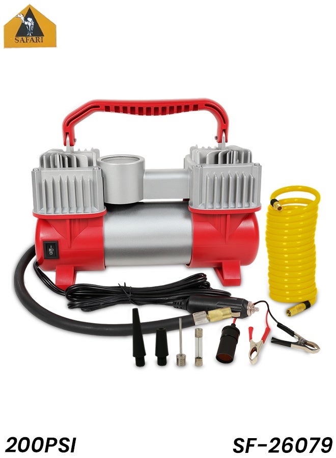 سفاري ضاغط هواء سفاري SF-26079 ثنائي الأسطوانات مع ضوء LED - مضخة نفخ إطارات ثنائية الأسطوانات عالية التحمل 200 رطل لكل بوصة مربعة، 85 لترًا في الدقيقة، 12 فولت تيار مستمر مع خرطوم 5 أمتار، مشبك بطارية وقابس ولاعة سجائر للسيارة، محولات متعددة الفوهات للسيارات وسيارات الدفع الرباعي والدراجات النارية والرياضات والألعاب القابلة للنفخ - Image 1