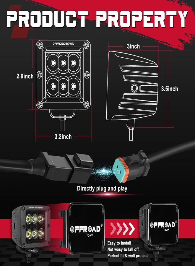 OFFROADTOWN مصابيح LED مكعبة من OFFROADTOWN، مقاس 3 بوصات، بقوة 120 واط، مزودة بحزمة أسلاك وغطاء أسود، مصابيح قيادة، مصابيح جانبية، مصابيح موضعية للطرق الوعرة، مناسبة للشاحنات، سيارات البيك أب، سيارات الدفع الرباعي، سيارات الدفع الرباعي، القوارب، والسيارات ذات الدفع الرباعي. - Image 2