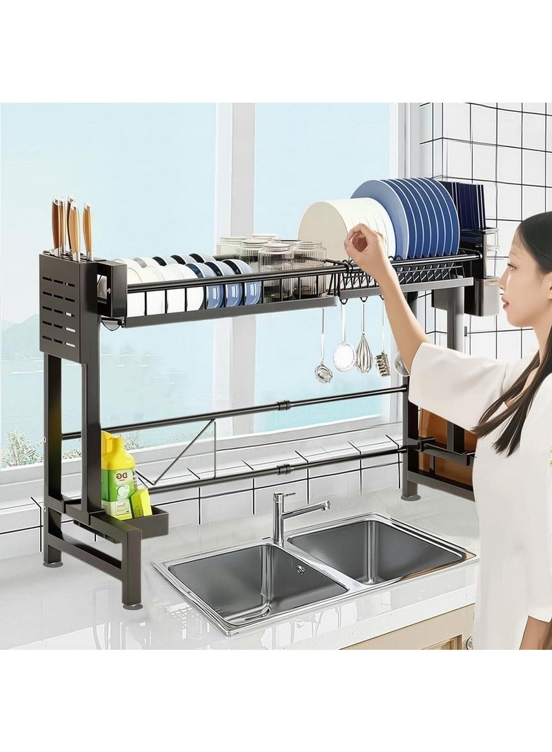 بلومنغ تايم رف تجفيف الأطباق متعدد الوظائف أحادي الطبقة ، رف تخزين أدوات المائدة ، رف تصريف الأطباق مع حامل لوح التقطيع وسلة عيدان الطعام ، تصميم قابل للتوسيع ، يناسب معظم الأحواض ، رف تخزين فوق الحوض ، منظم مطبخ - Image 1