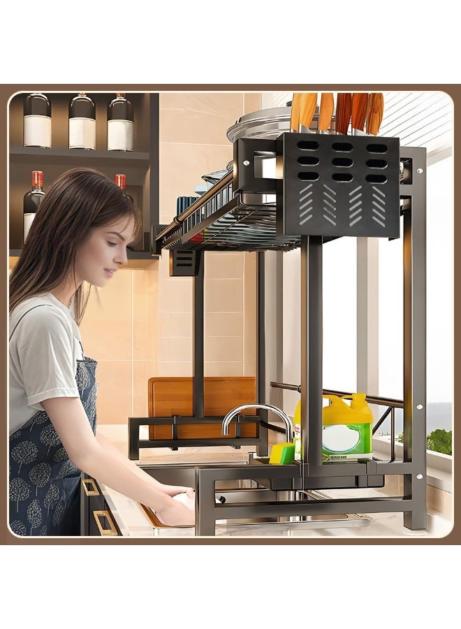 بلومنغ تايم رف تجفيف الأطباق متعدد الوظائف أحادي الطبقة ، رف تخزين أدوات المائدة ، رف تصريف الأطباق مع حامل لوح التقطيع وسلة عيدان الطعام ، تصميم قابل للتوسيع ، يناسب معظم الأحواض ، رف تخزين فوق الحوض ، منظم مطبخ - Image 3