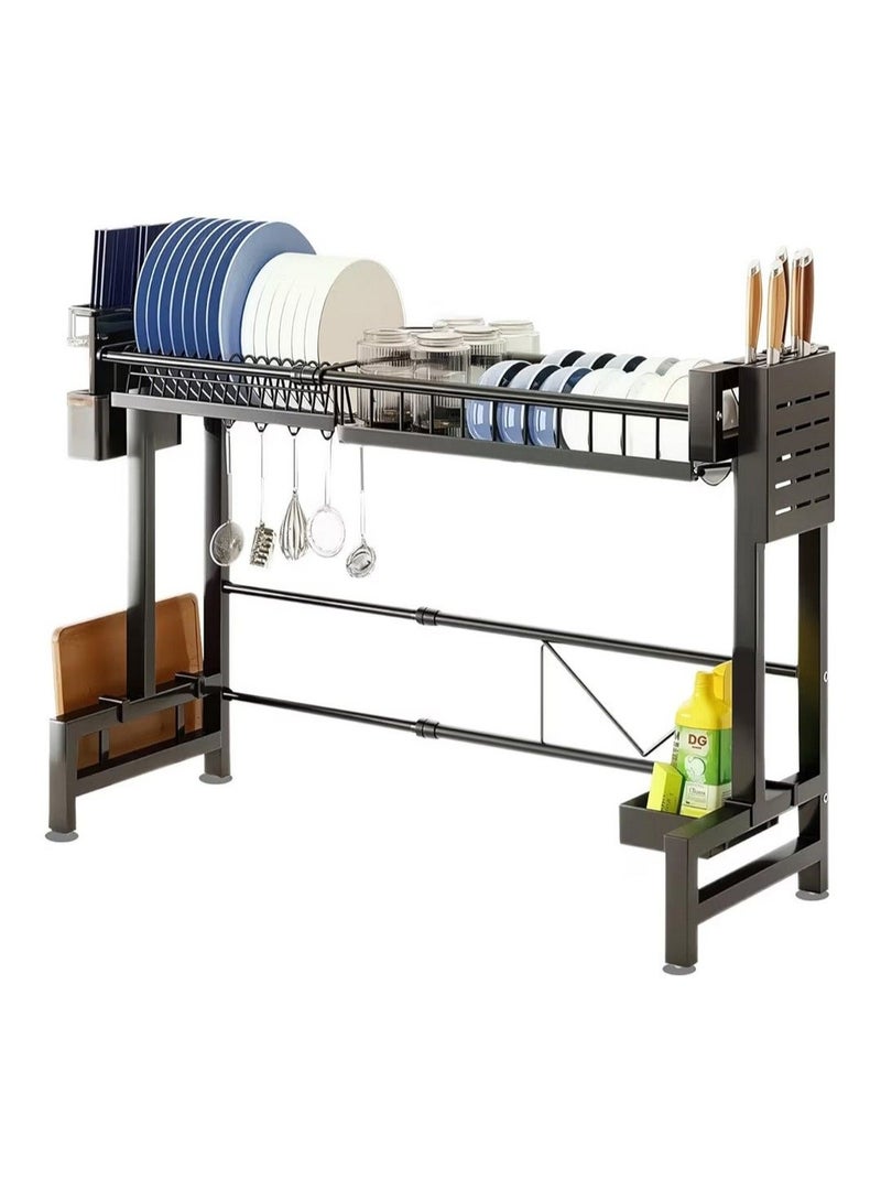 بلومنغ تايم رف تجفيف الأطباق متعدد الوظائف أحادي الطبقة ، رف تخزين أدوات المائدة ، رف تصريف الأطباق مع حامل لوح التقطيع وسلة عيدان الطعام ، تصميم قابل للتوسيع ، يناسب معظم الأحواض ، رف تخزين فوق الحوض ، منظم مطبخ - Image 4