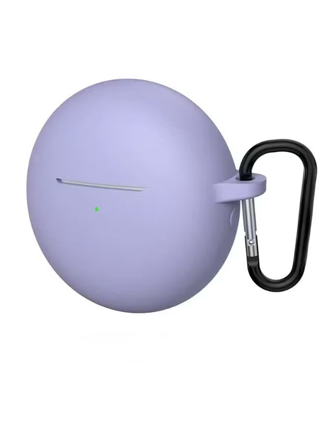 Silicone Case for Huawei FreeBuds 7i with Carabiner Hook, Shockproof Protective Cover, Solid Color (Lavender) - Image 1