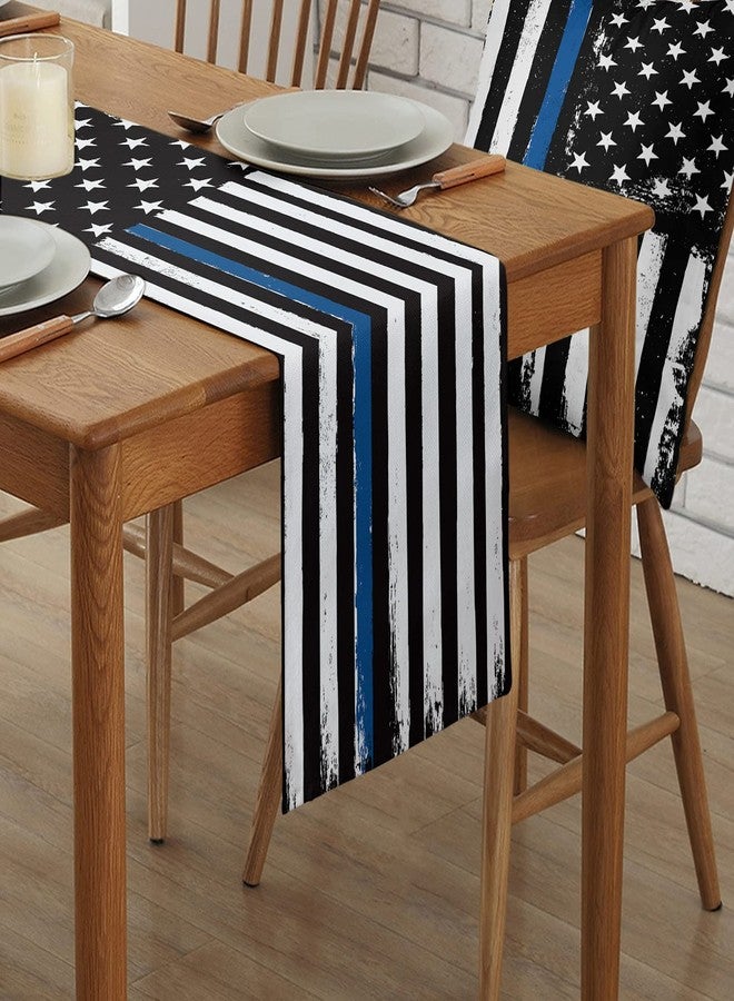 Ldtrchee Thin Blue Line Black Table Runner - Cotton Linen 36 Inches Long, American Police USA Flag Dress Scarves, Rustic Table Runner for Dining/Coffee/Holiday Table, Gift for Law Enforcement - Image 2
