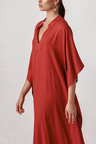 YouKD Women's Long Kaftan Bohemian Beach Swimsuit Cover Up Dress Plus Size Robe A Red - Image 3