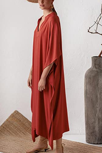 YouKD Women's Long Kaftan Bohemian Beach Swimsuit Cover Up Dress Plus Size Robe A Red - Image 5