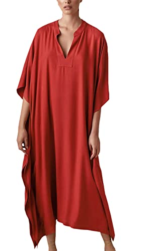 YouKD Women's Long Kaftan Bohemian Beach Swimsuit Cover Up Dress Plus Size Robe A Red - Image 2