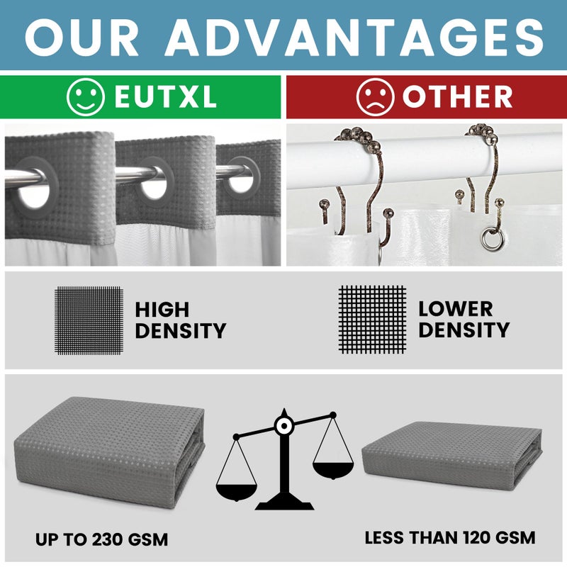 EUTXL ستارة دش رمادية EUTXL ومجموعة بطانة - 230GSM نسيج ويفل ثقيل، ستارة حمام فاخرة بوزن، 71W x 74H - Image 2