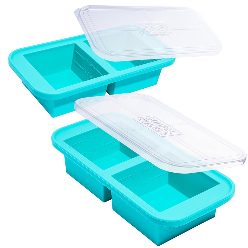 Souper Cubes 2 Cup Silicone Freezer Tray with Lids Perfect for Storing Lasagna Leftovers Sauces Portioned Meals and More Silicone Soup Freezer Molds for Meal Prepping  Aqua  2Pack
