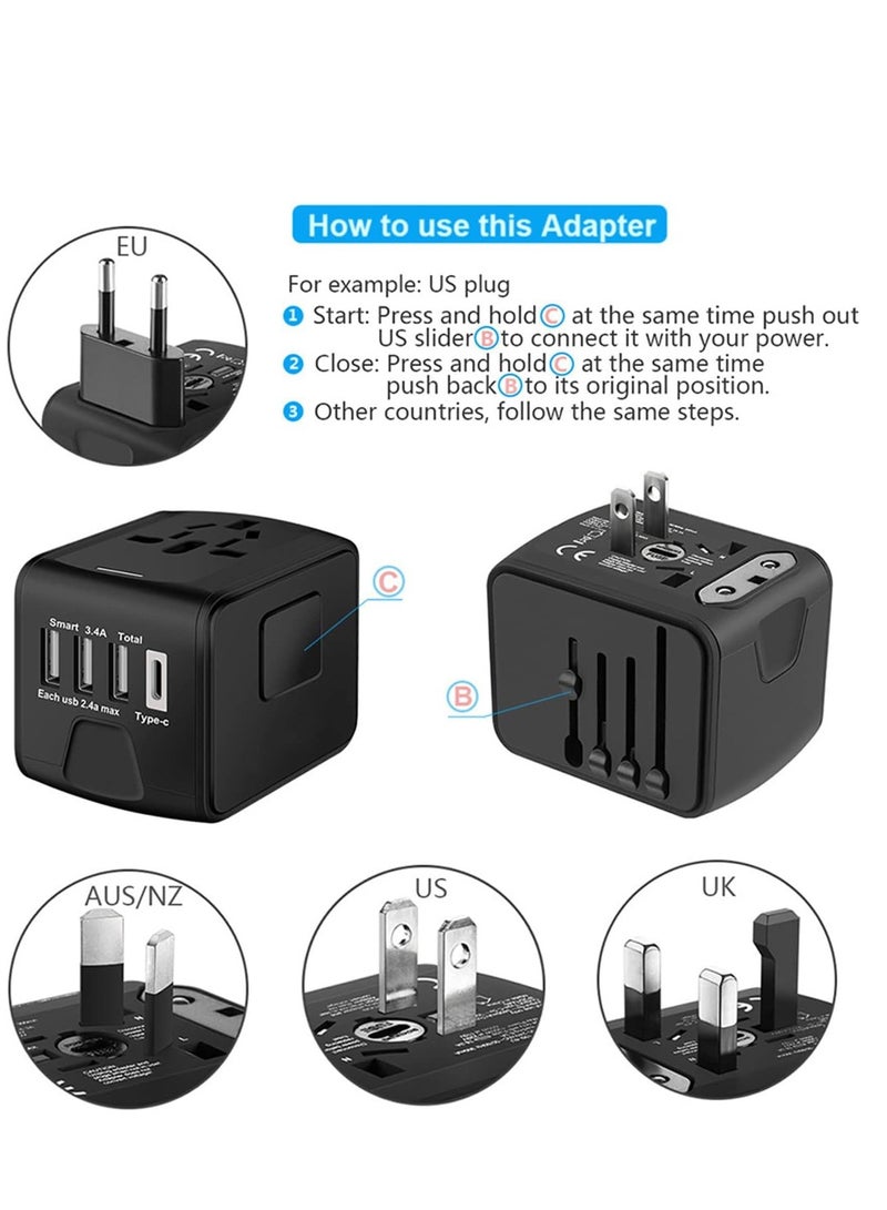 Excefore Universal International Travel Power Adapter W/High Speed 2.4A USB, 3.0A Type-C Wall Charger, European Adapter, Worldwide AC Outlet Plugs Adapters for Europe, UK, US, AU, Asia-Black - Image 3