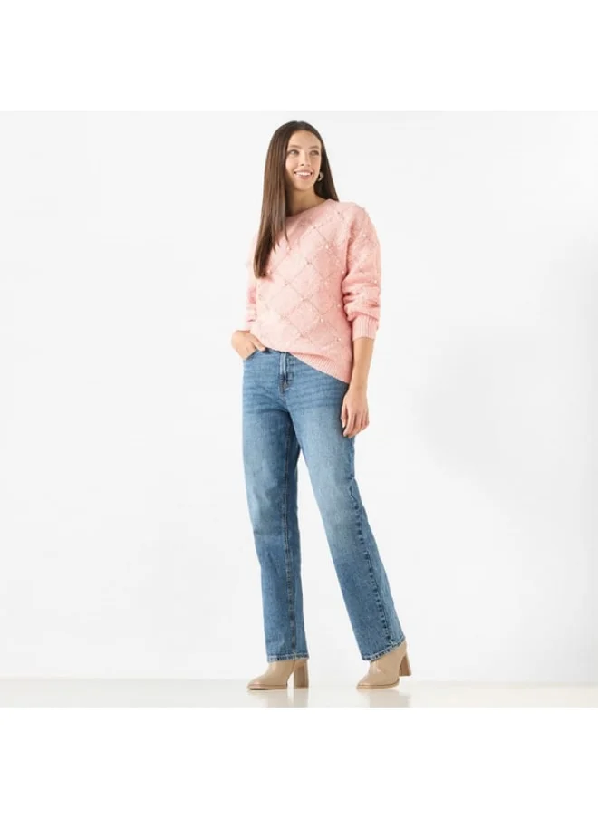 2Xtremz 2Xtremz Pearl Embellished Sweater with Round Neck and Long Sleeves