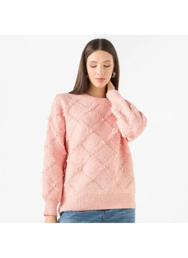 2Xtremz 2Xtremz Pearl Embellished Sweater with Round Neck and Long Sleeves