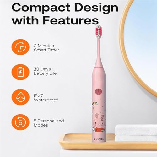 US1984 Sonic Electric Toothbrush for Adults with 5 Modes, 3 Brush Heads & Rechargeable, Last up to 30 Days, Ultra Soft Nylon Bristles, IPX7 Waterproof, Kids Power Toothbrush (Pink) - Image 5